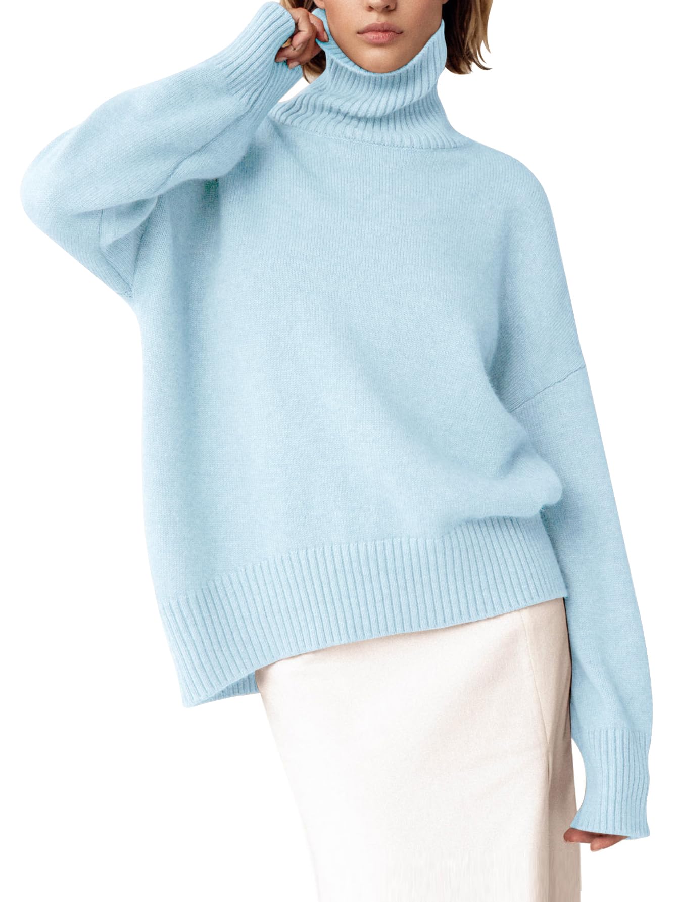 Turtleneck Sweater Chunky Long Sleeve Knitted Pullover High Low