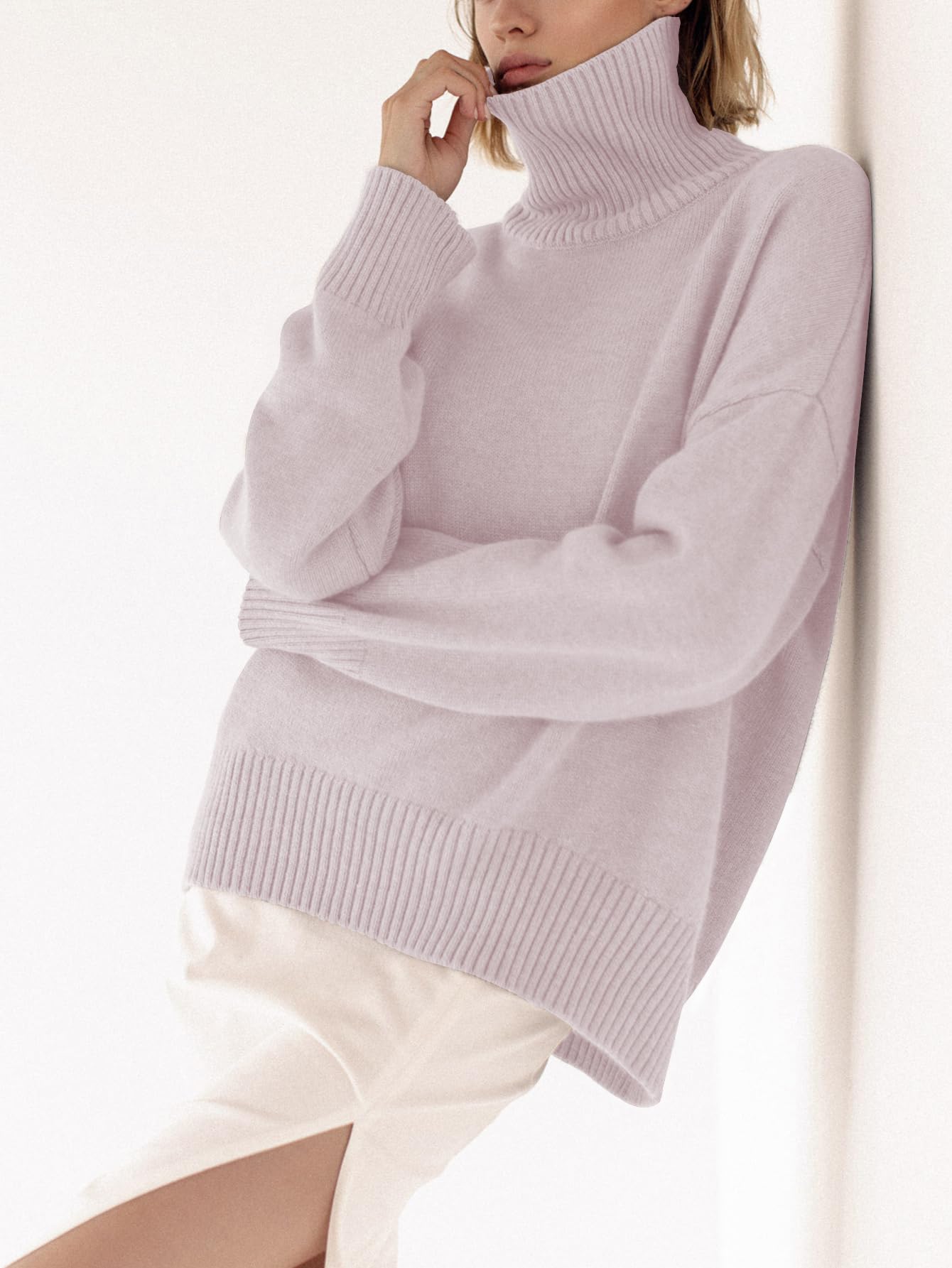 Turtleneck Sweater Chunky Long Sleeve Knitted Pullover High Low