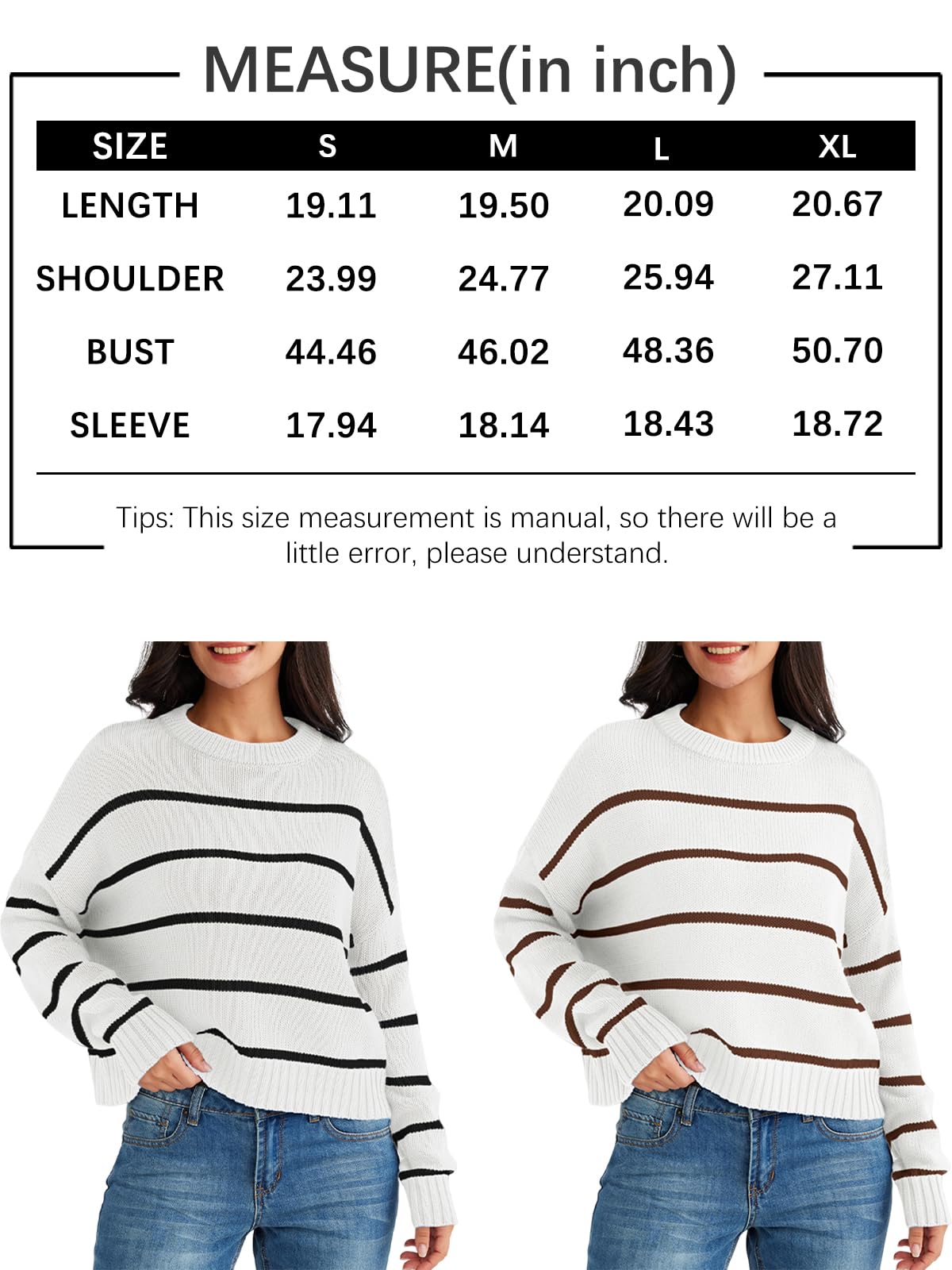 Striped Sweater Pullover Crewneck Long Sleeve Cable Knitted