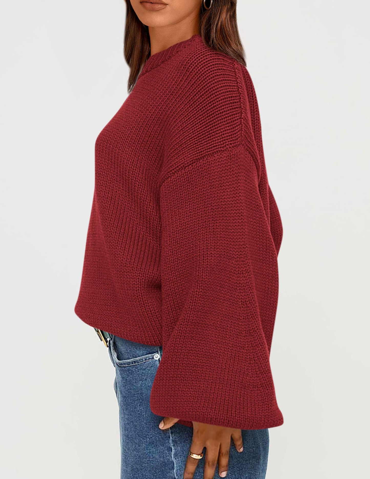 Chunky Knit Sweater Long Lantern Sleeve Crewneck Pullover