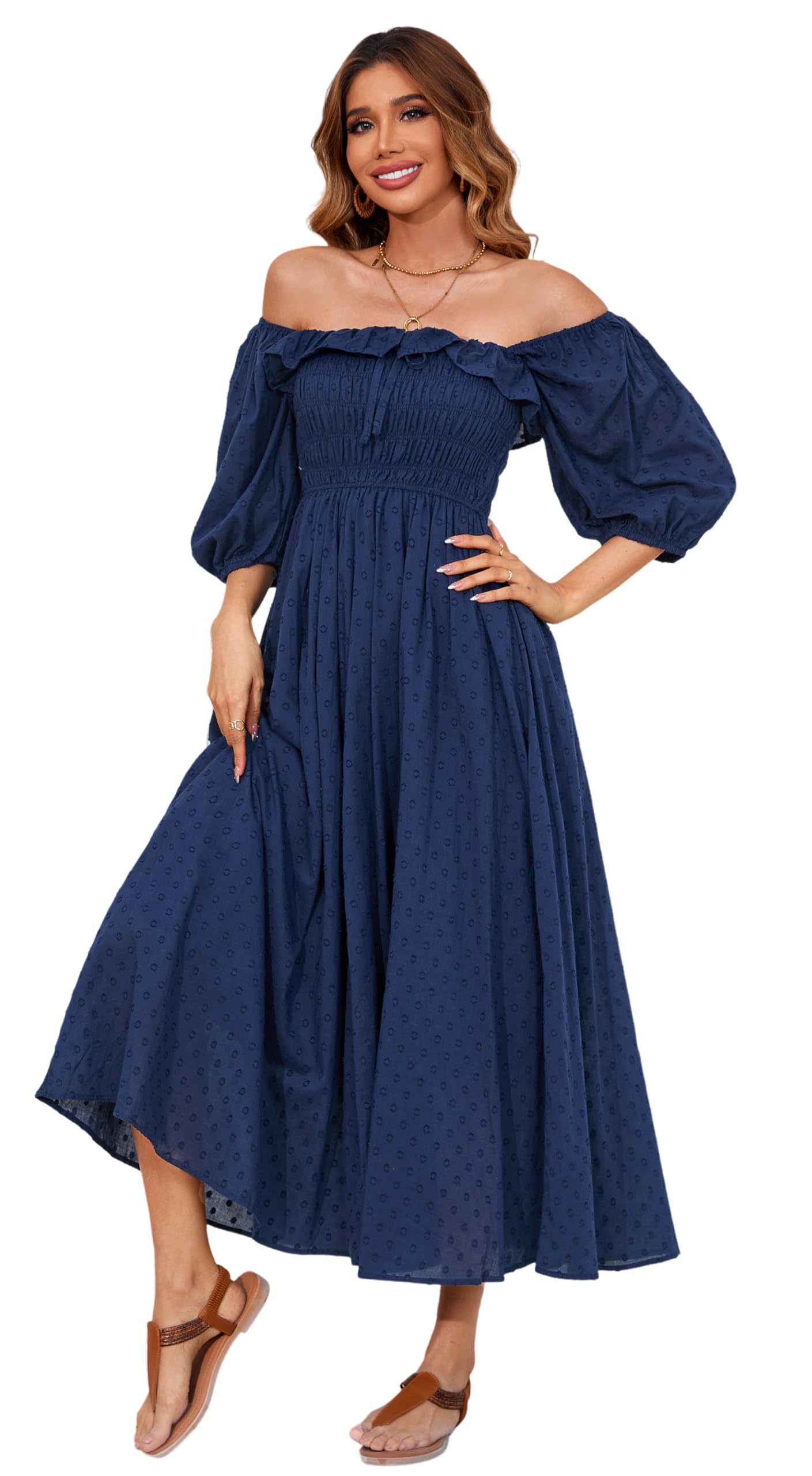 Half Sleeve Cotton Ruffled Vintage Elegant Backless A Line Flowy Long Dress