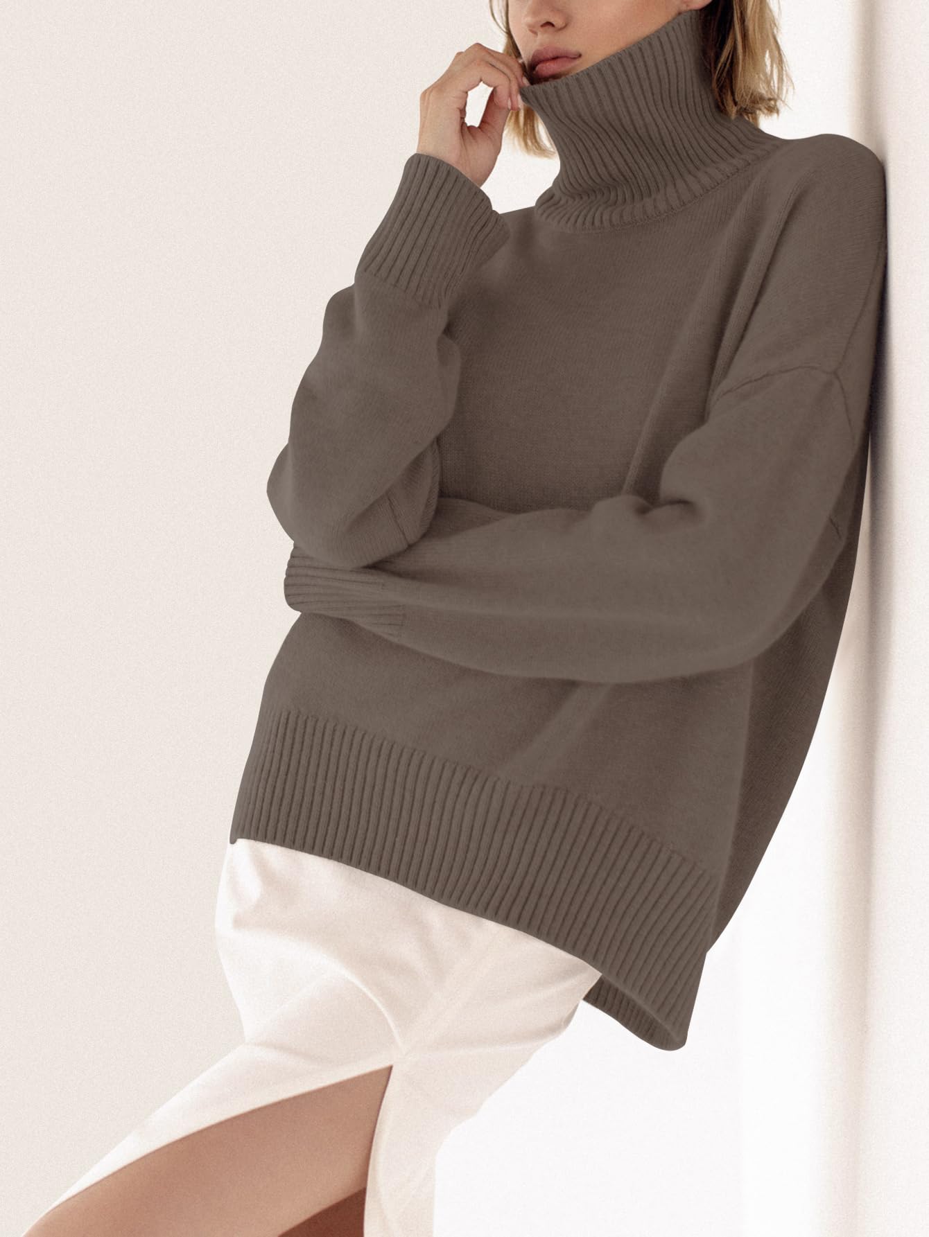 Turtleneck Sweater Chunky Long Sleeve Knitted Pullover High Low