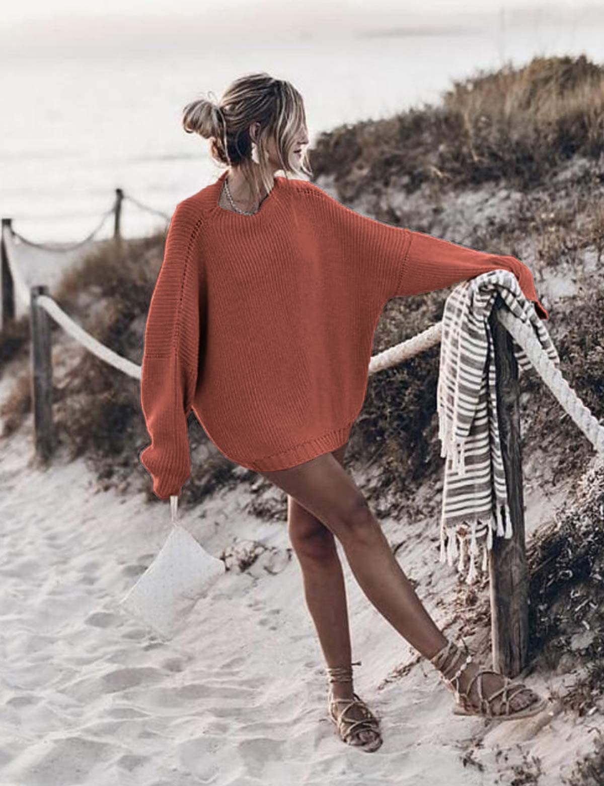 Oversized Sweaters Batwing Sleeve Mock Neck Knit Pullover Sweater