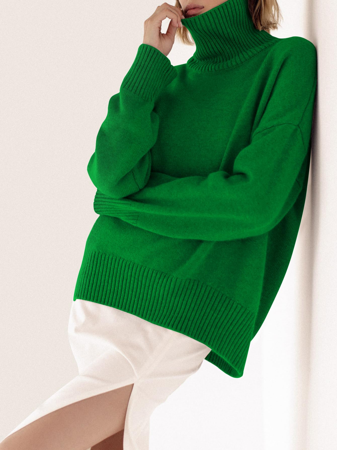 Turtleneck Sweater Chunky Long Sleeve Knitted Pullover High Low