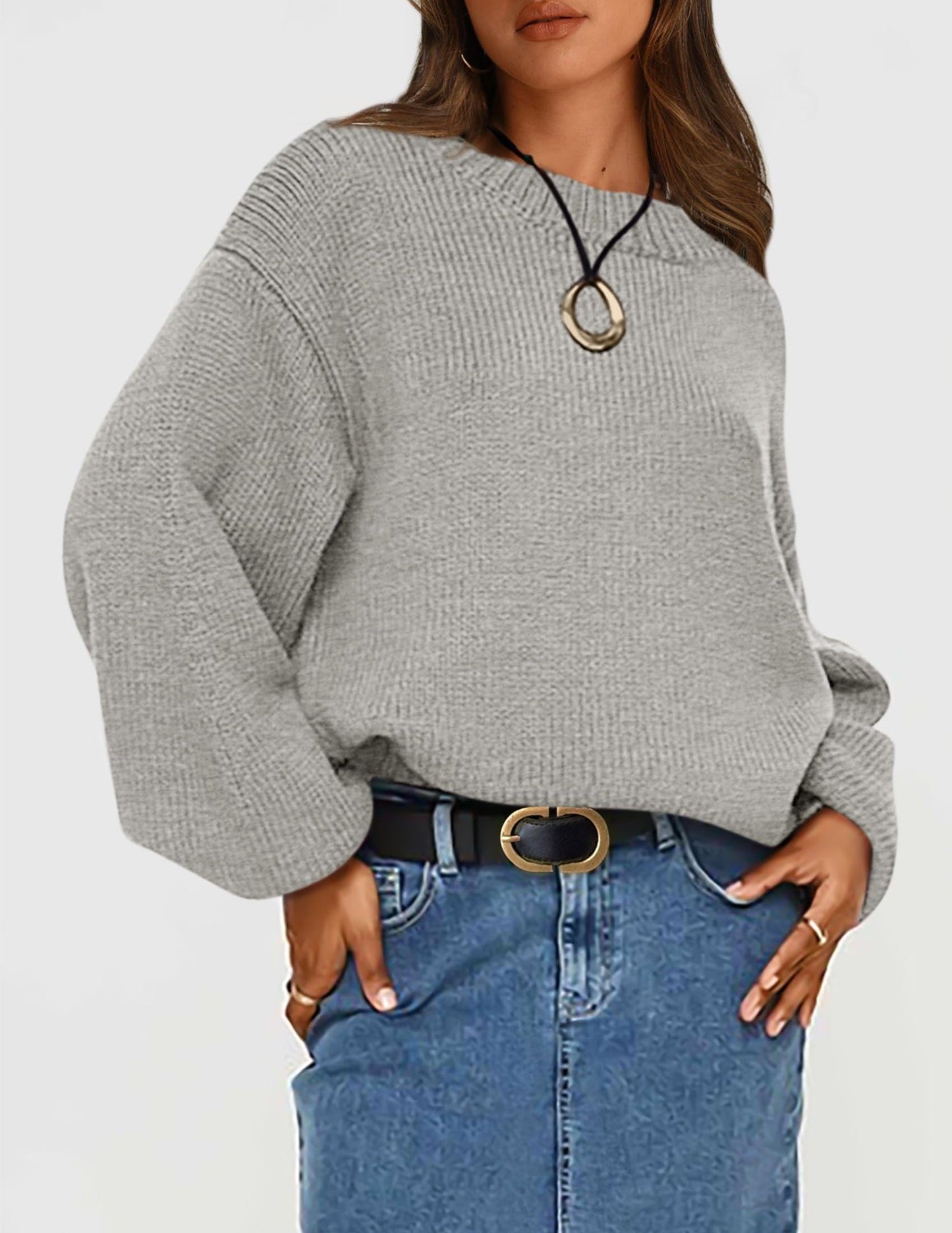 Chunky Knit Sweater Long Lantern Sleeve Crewneck Pullover