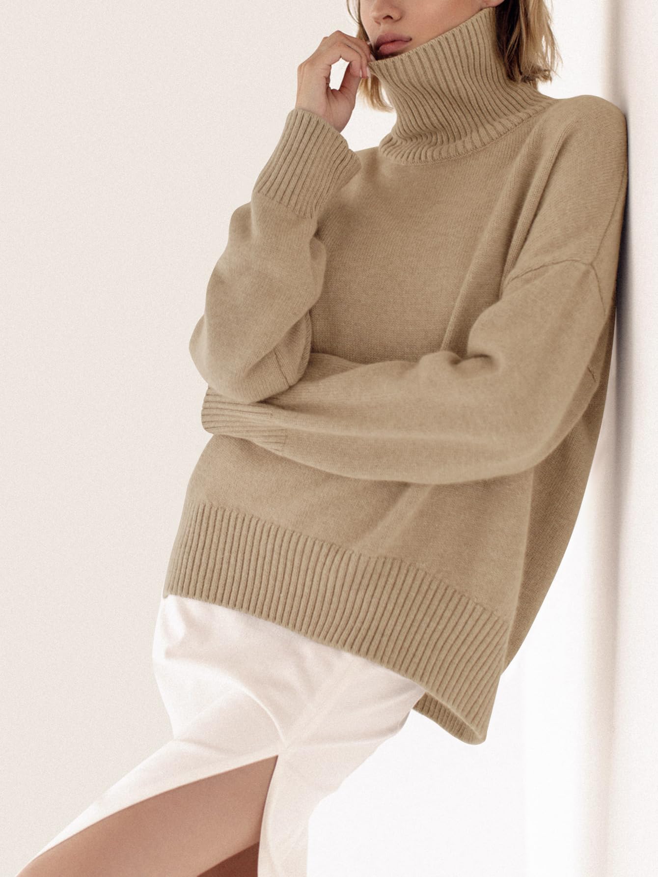 Turtleneck Sweater Chunky Long Sleeve Knitted Pullover High Low