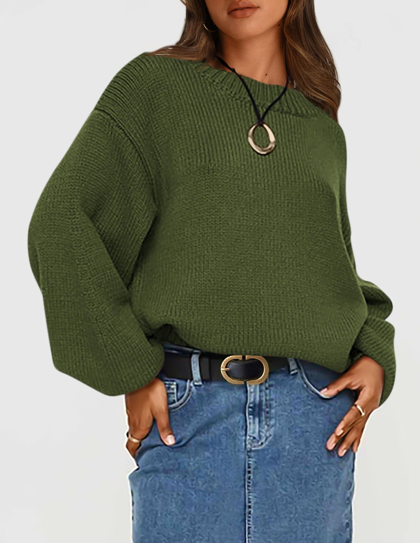 Chunky Knit Sweater Long Lantern Sleeve Crewneck Pullover