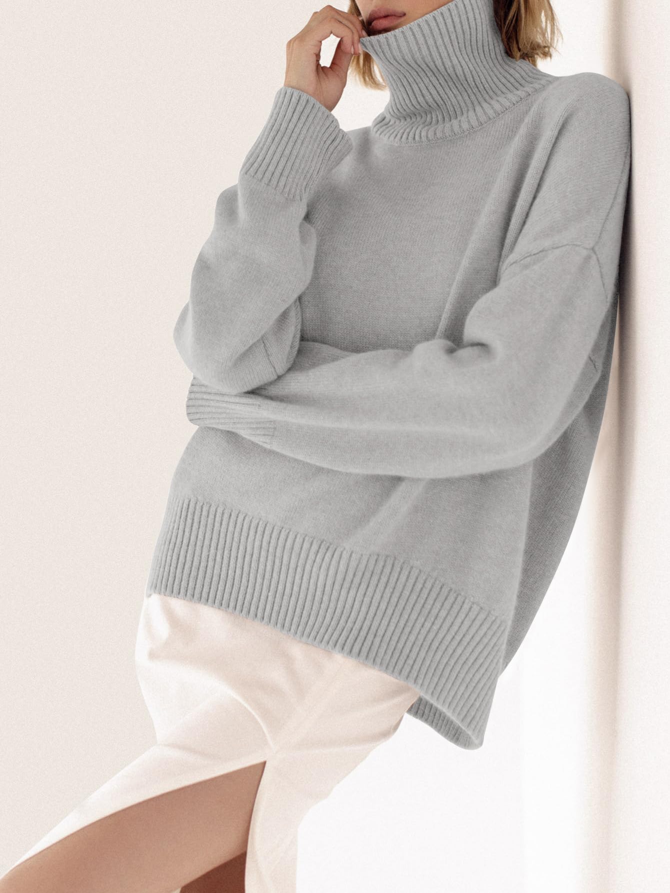 Turtleneck Sweater Chunky Long Sleeve Knitted Pullover High Low