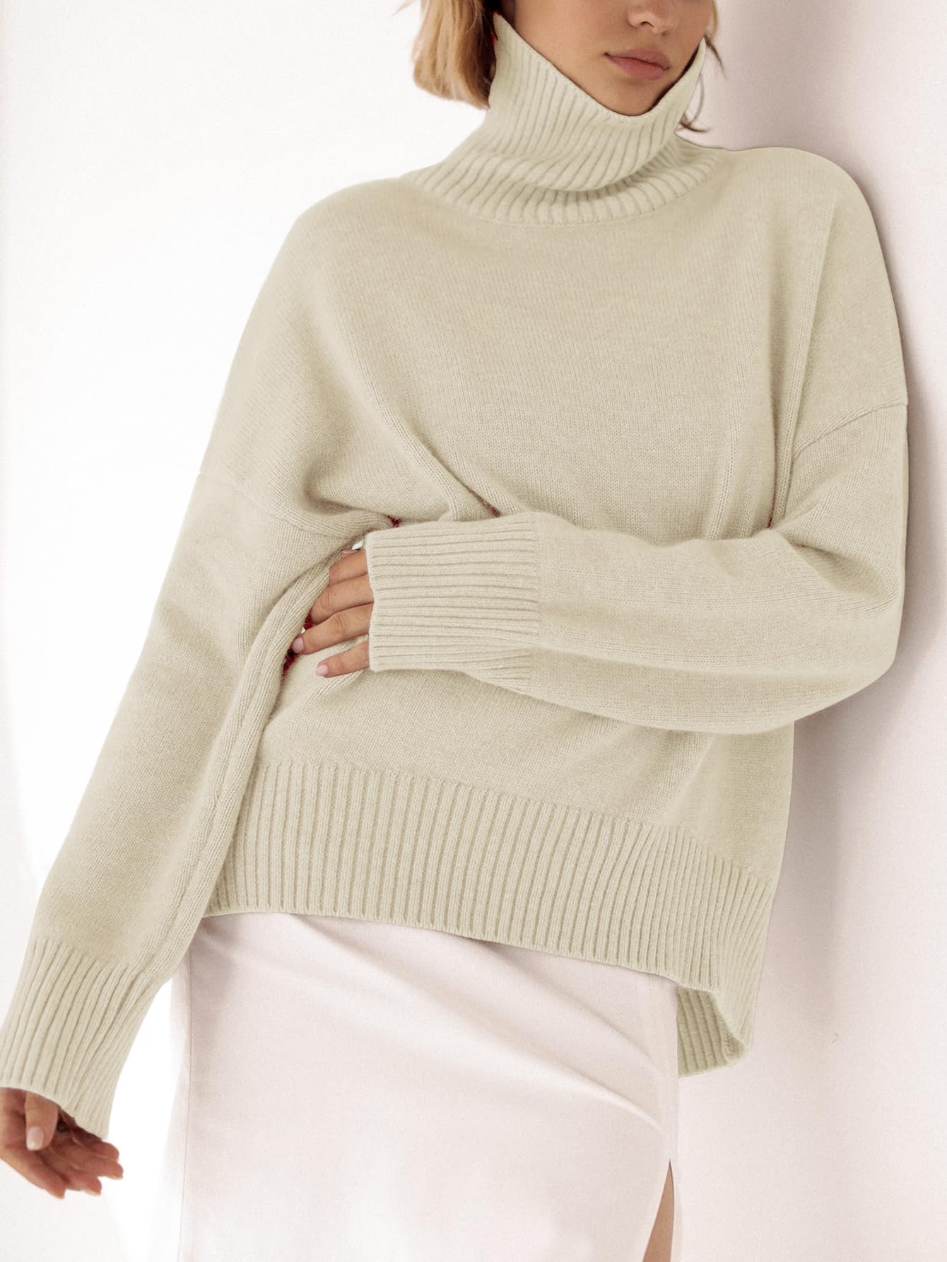 Turtleneck Sweater Chunky Long Sleeve Knitted Pullover High Low