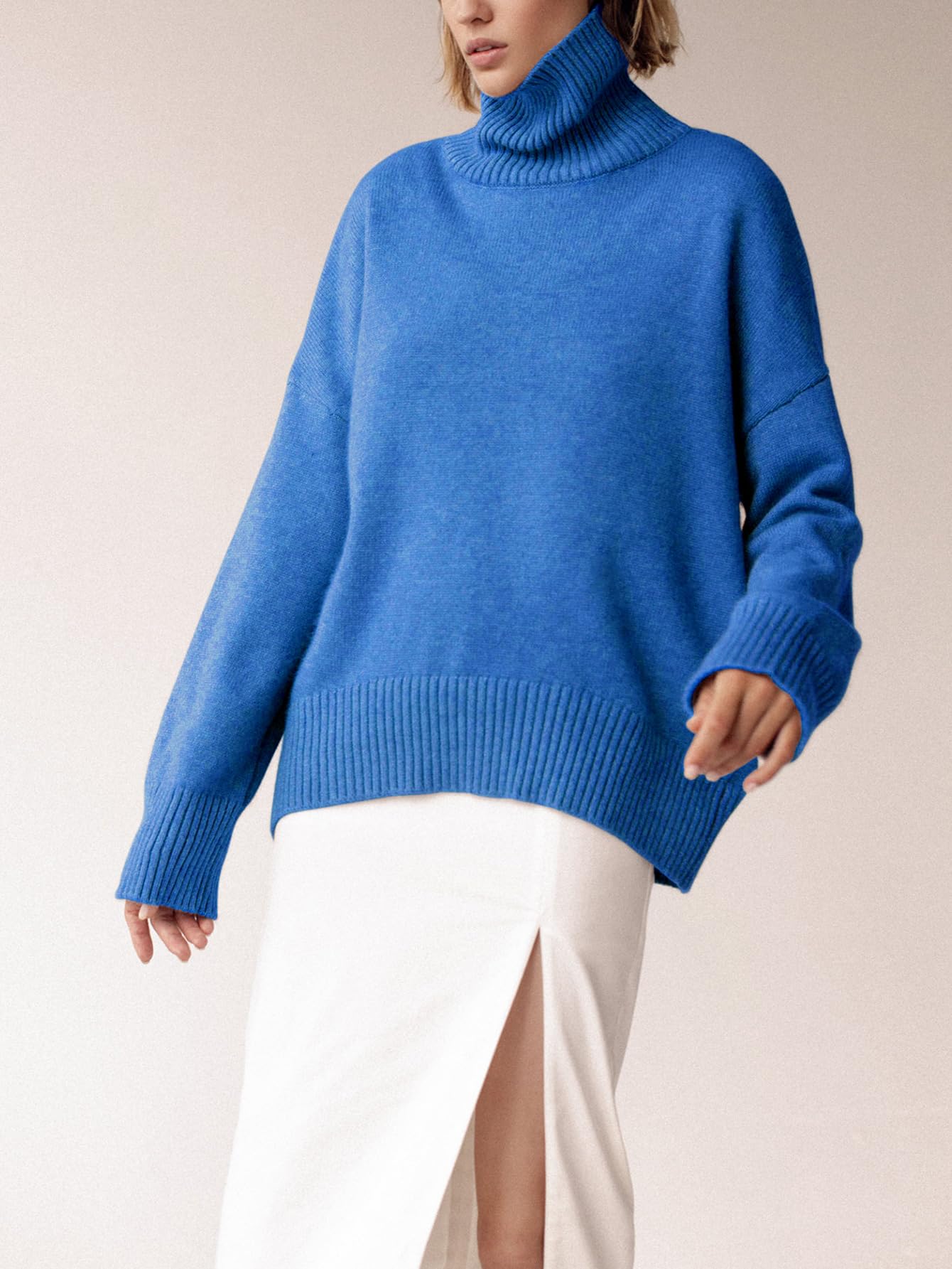 Turtleneck Sweater Chunky Long Sleeve Knitted Pullover High Low