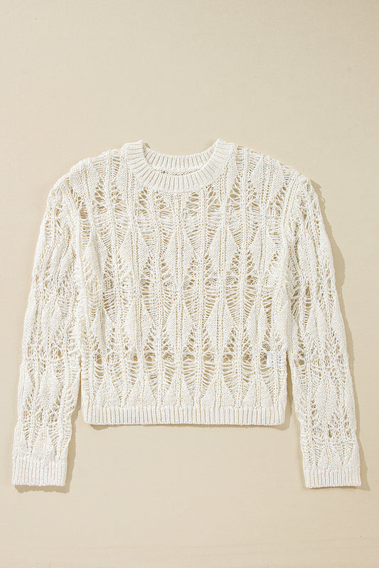 White Cut Out Crochet Crew Neck Loose Fit Sweater