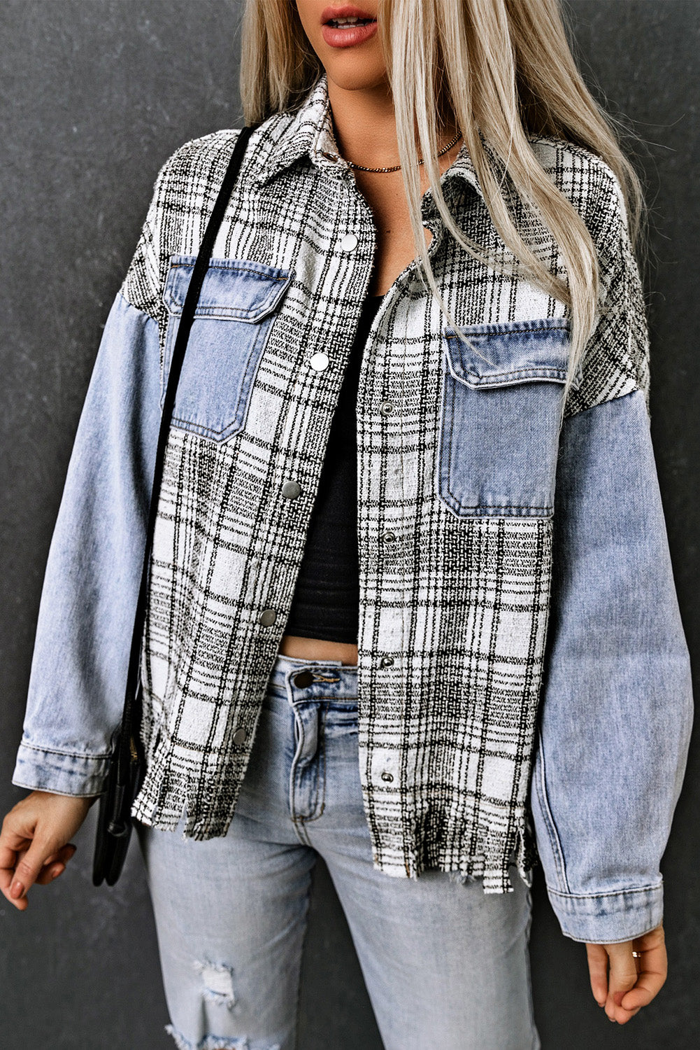 Plaid Pocketed Snap Down Denim Shacket