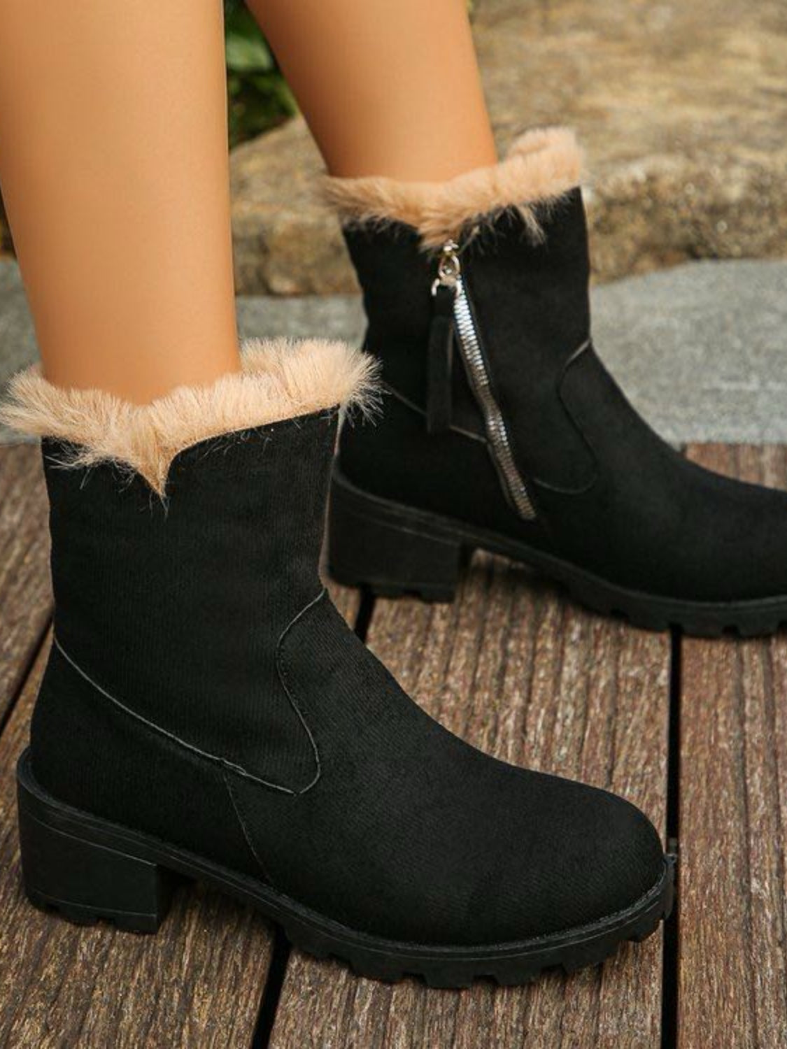 Suede Fur Block Heel Boots