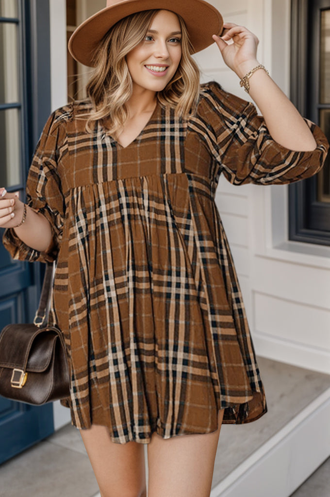 Plus Size Plaid V-Neck Balloon Sleeve Mini Long Sleeve Dress