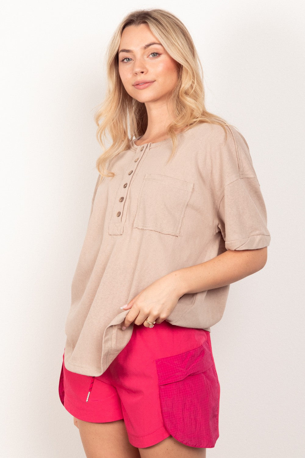 VERY J Twisted Sleeve Band Half Button Top