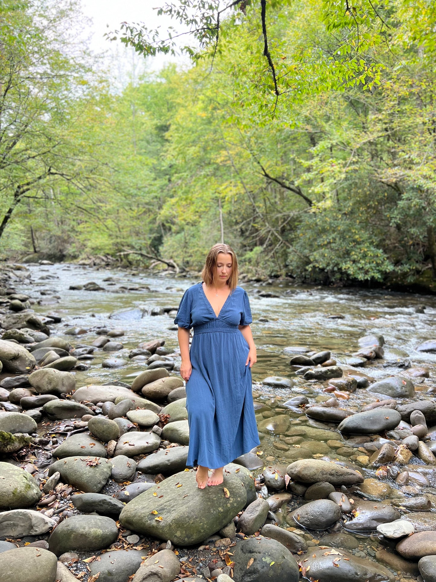 Maxi Dress V Neck Puff Sleeve Flowy Linen Like Dress