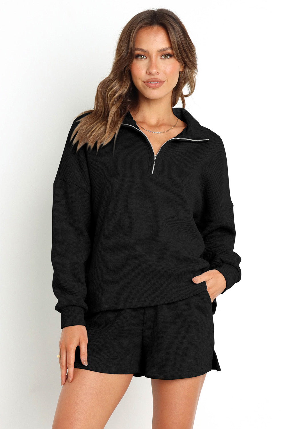 Collared Neck Zip-Up Top and Slit Shorts Sweatshirt Set