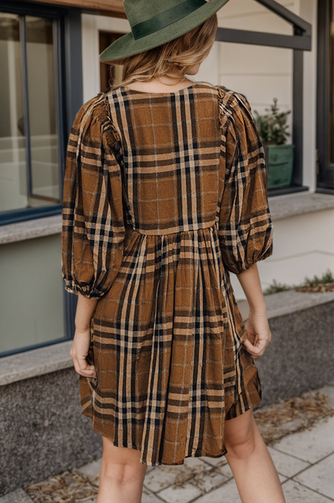 Plus Size Plaid V-Neck Balloon Sleeve Mini Long Sleeve Dress