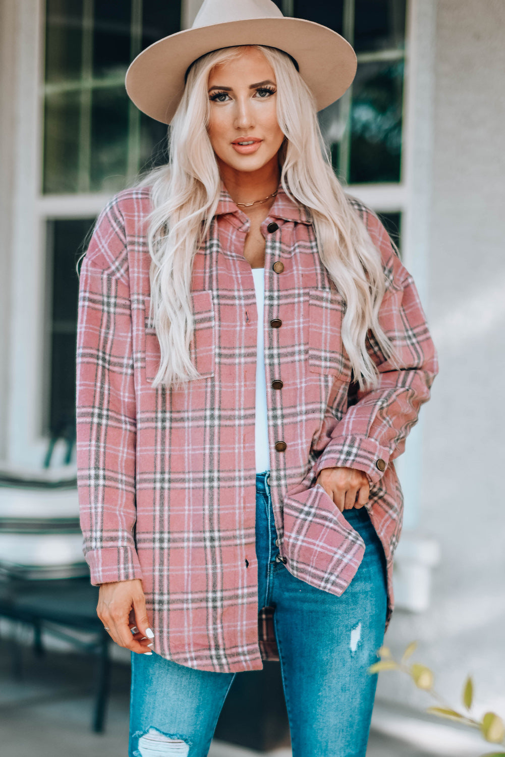 Plaid Curved Hem Dropped Shoulder Longline Shirt Shacket