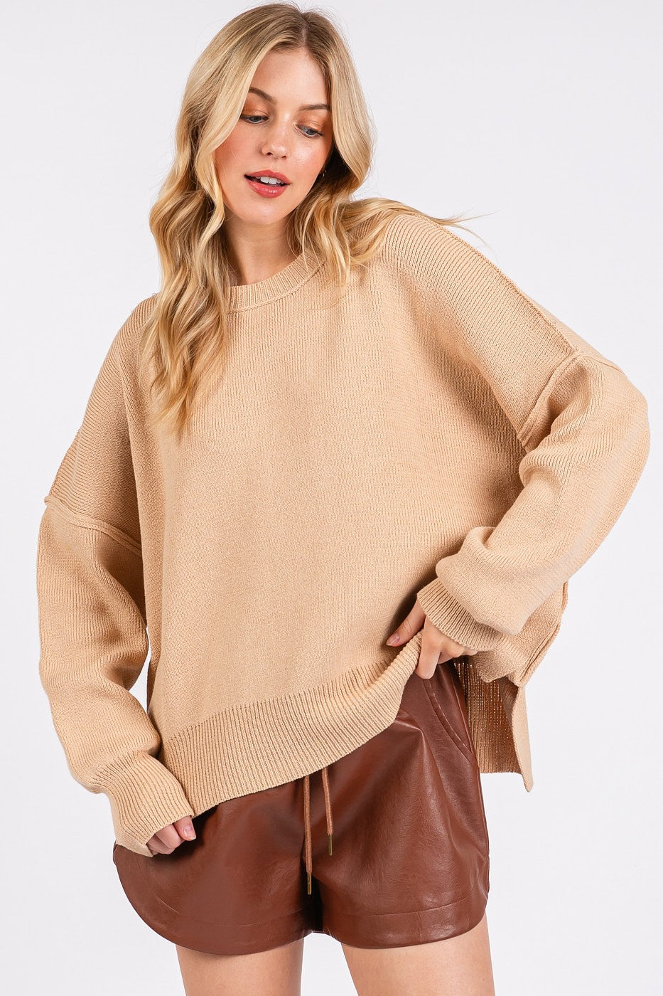 Side Slit Round Neck Drop Shoulder Sweater