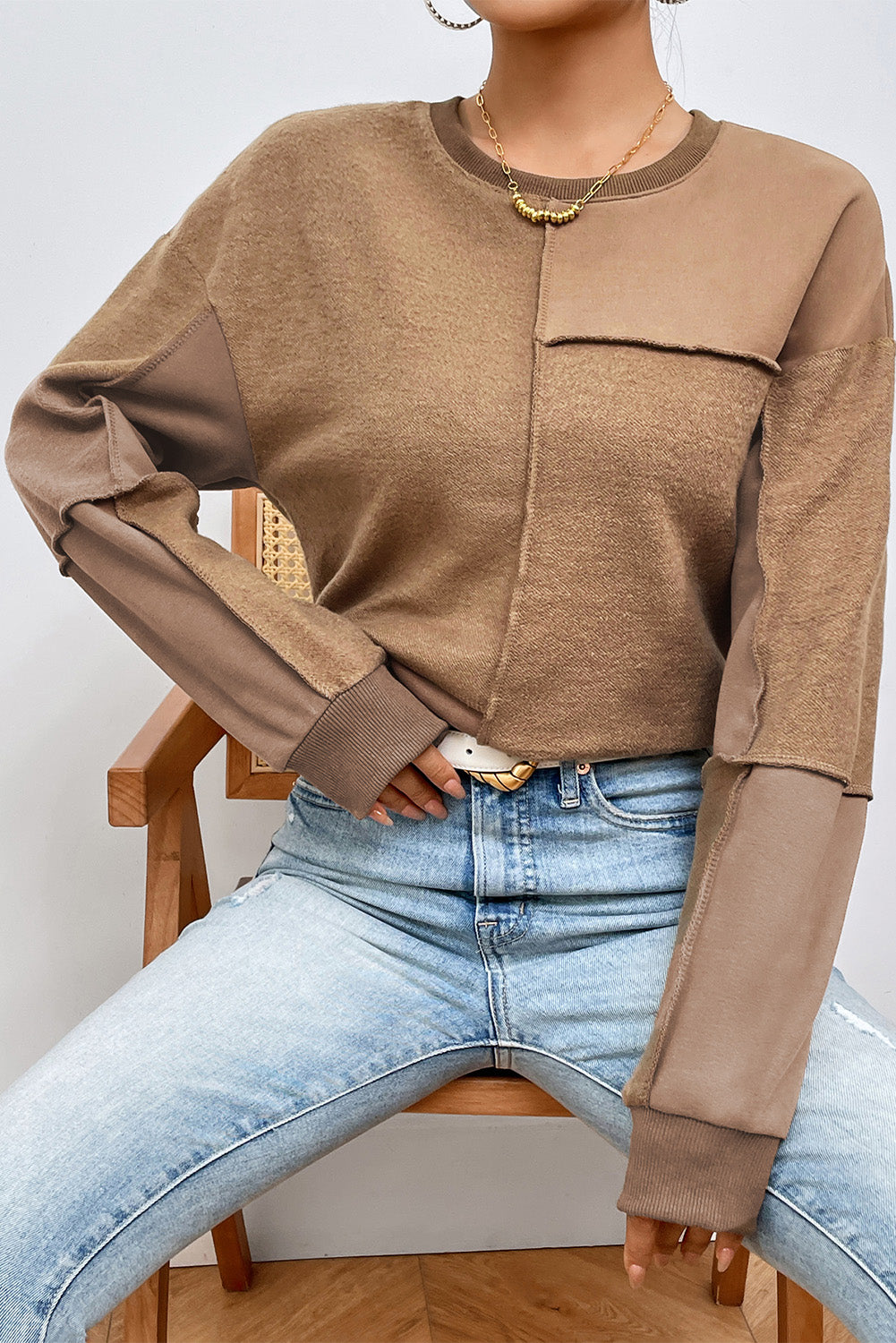 Coffee Solid Exposed Seam Pullover Sweatshirt