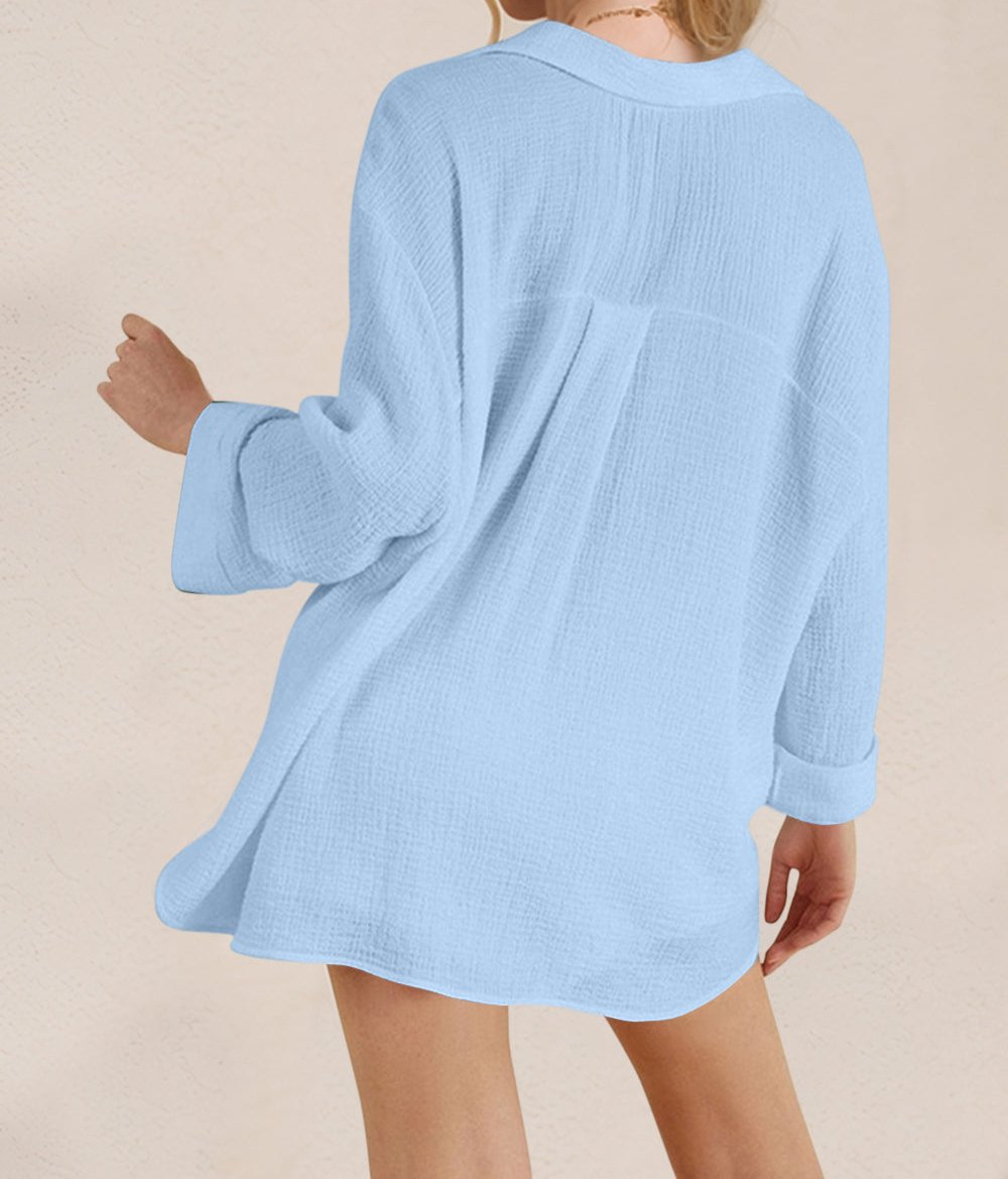 Breathable Button Down Long Sleeve Top and Shorts Set