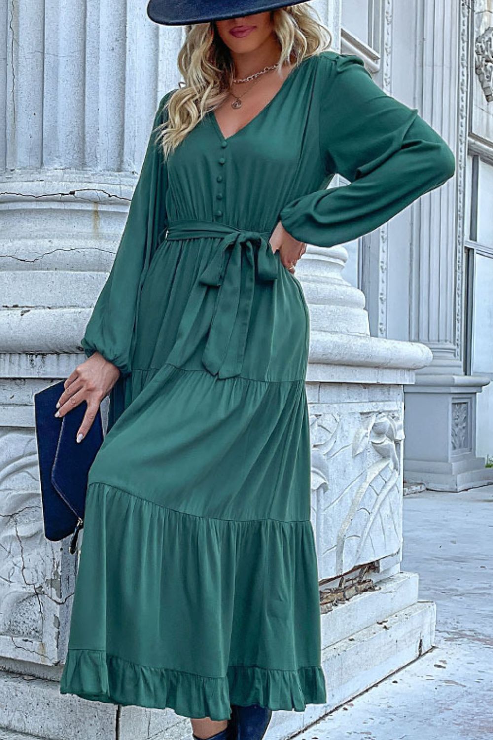 Buttoned V-Neck Puff Long Sleeve Tiered Dress