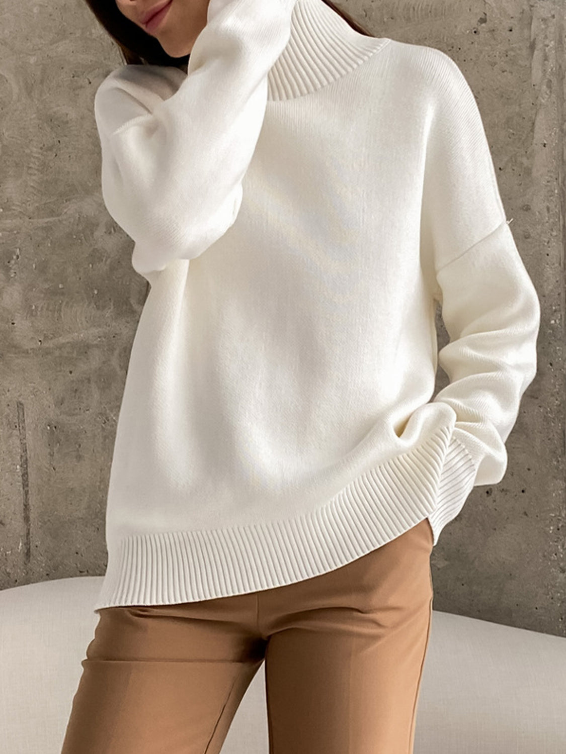 Mock Neck Dropped Shoulder Sweater ONE SIZE