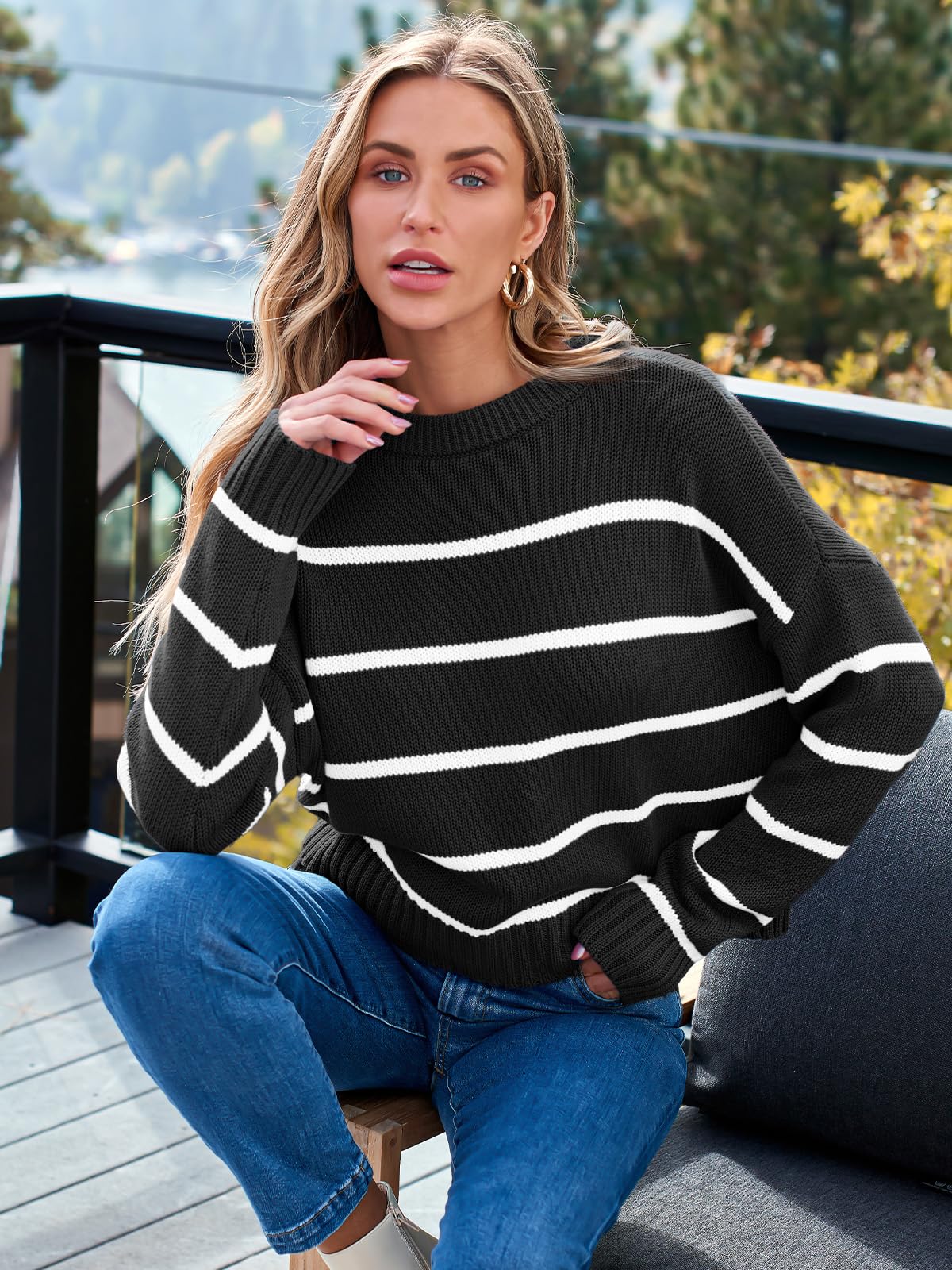 Striped Sweater Pullover Crewneck Long Sleeve Cable Knitted