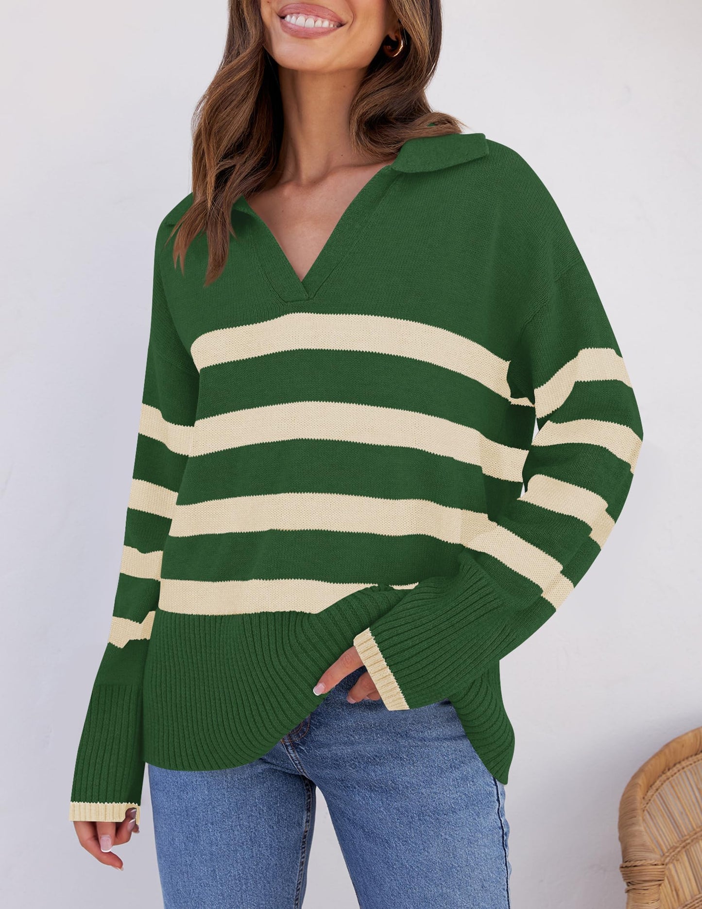 Lapel V Neck Long Sleeve Striped Chunky Knit Oversized Pullover Sweater