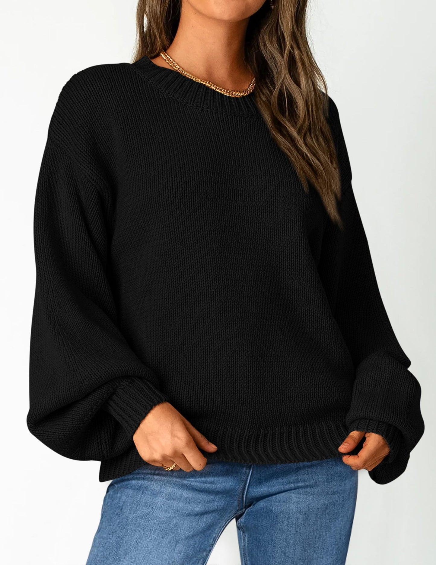 Chunky Knit Sweater Long Lantern Sleeve Crewneck Pullover