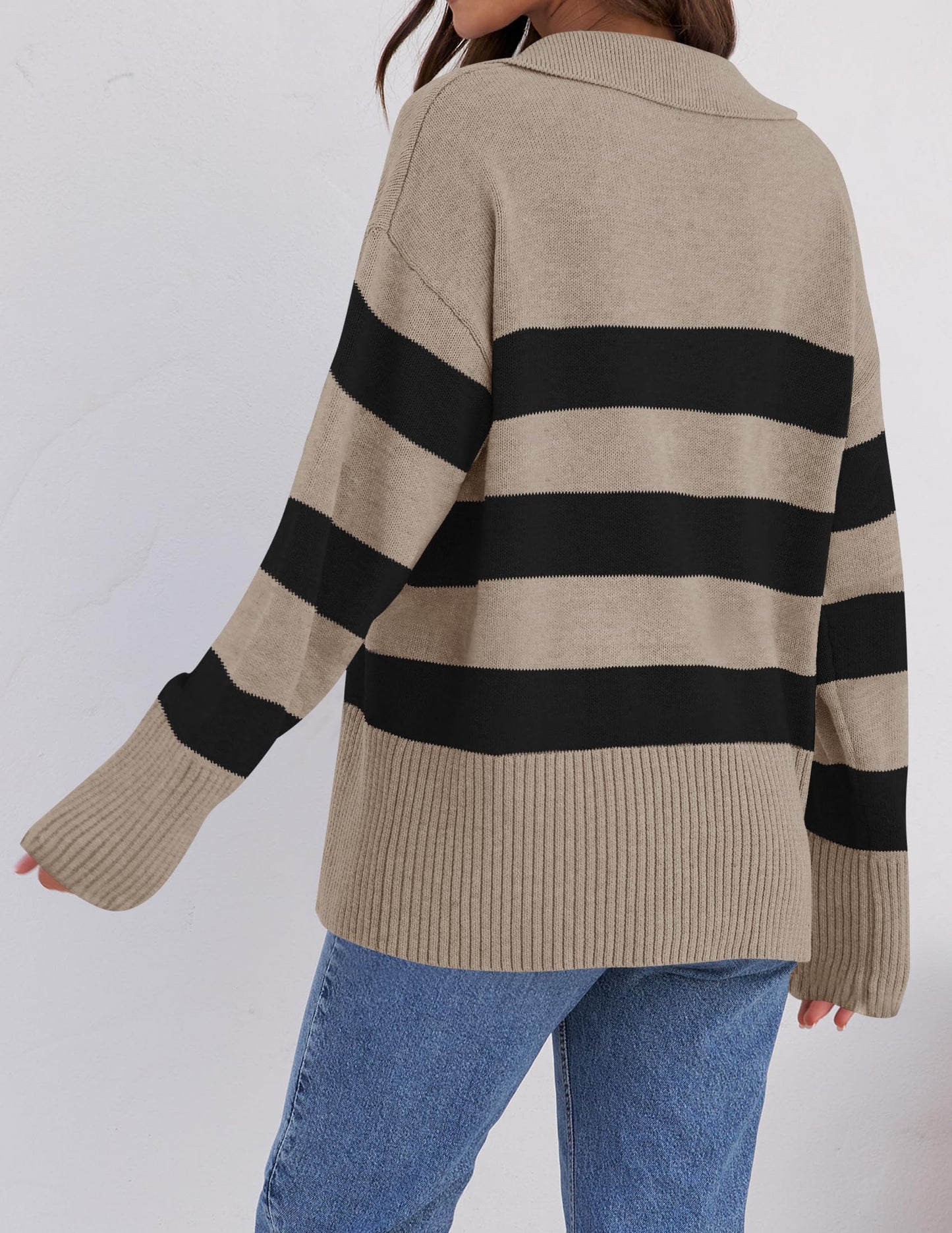 Lapel V Neck Long Sleeve Striped Chunky Knit Oversized Pullover Sweater