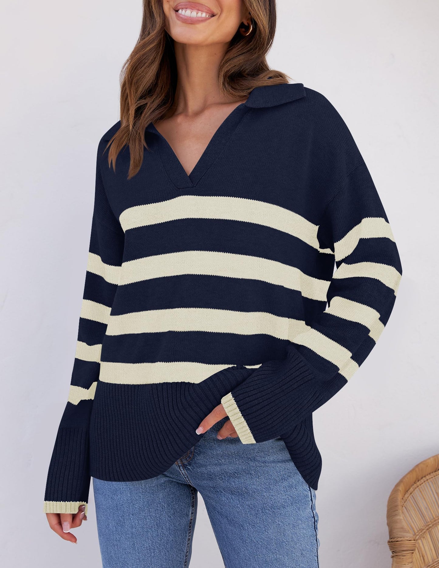 Lapel V Neck Long Sleeve Striped Chunky Knit Oversized Pullover Sweater