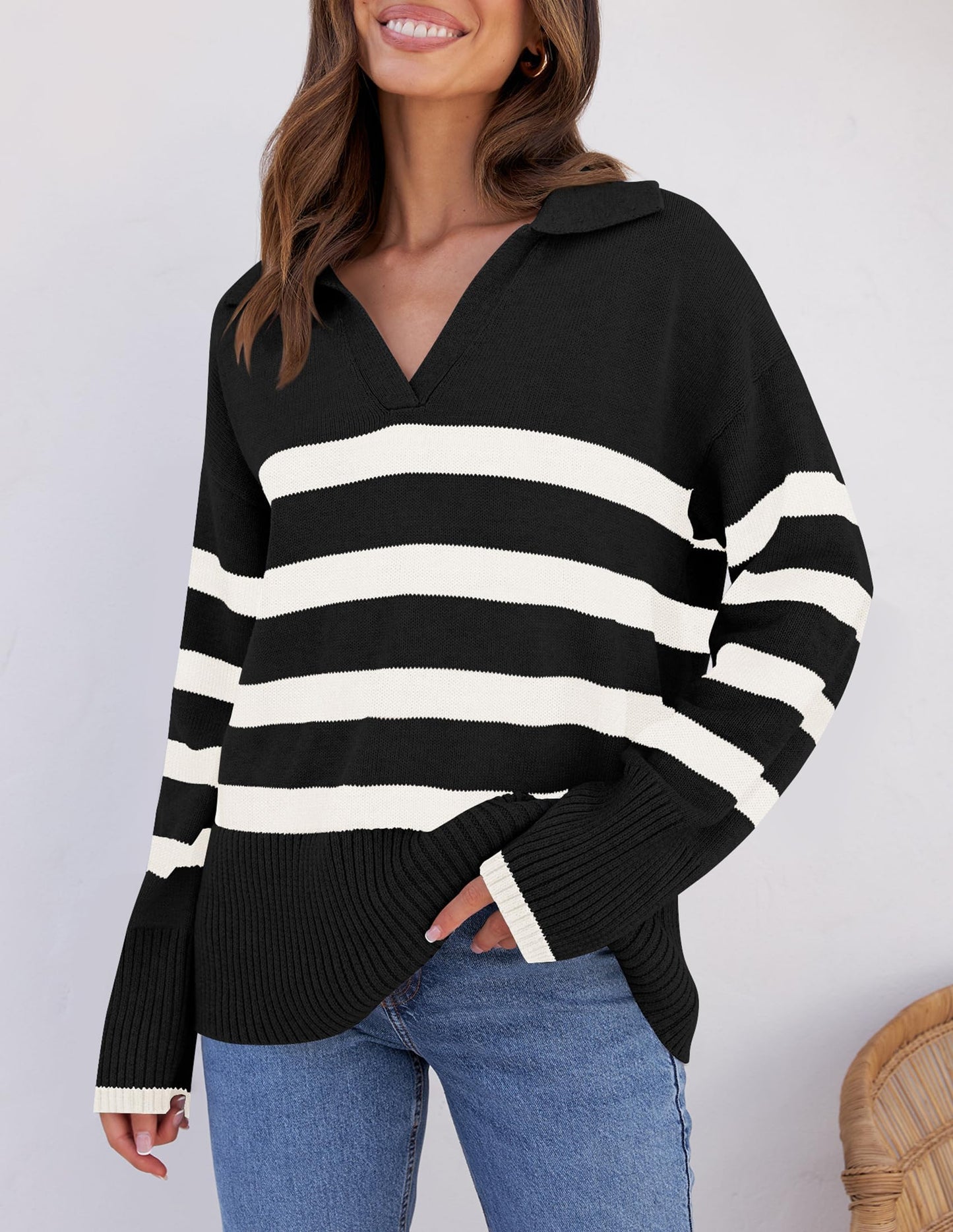 Lapel V Neck Long Sleeve Striped Chunky Knit Oversized Pullover Sweater