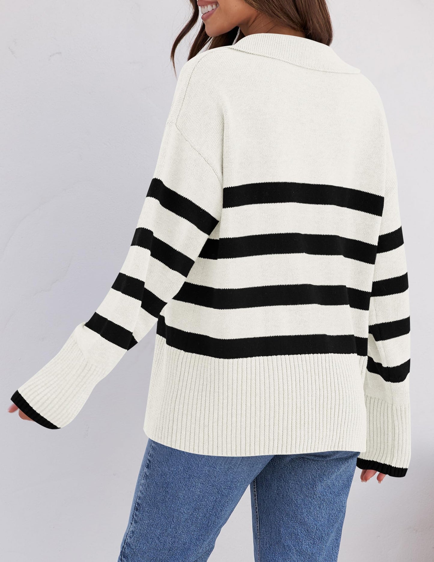 Lapel V Neck Long Sleeve Striped Chunky Knit Oversized Pullover Sweater