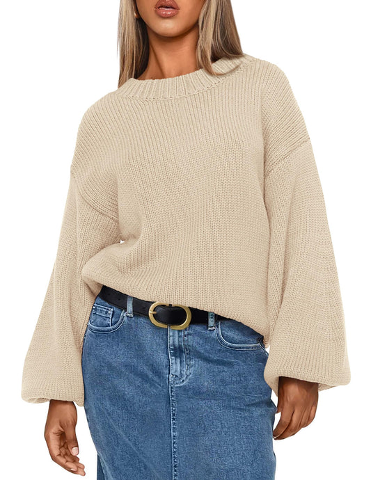 Chunky Knit Sweater Long Lantern Sleeve Crewneck Pullover