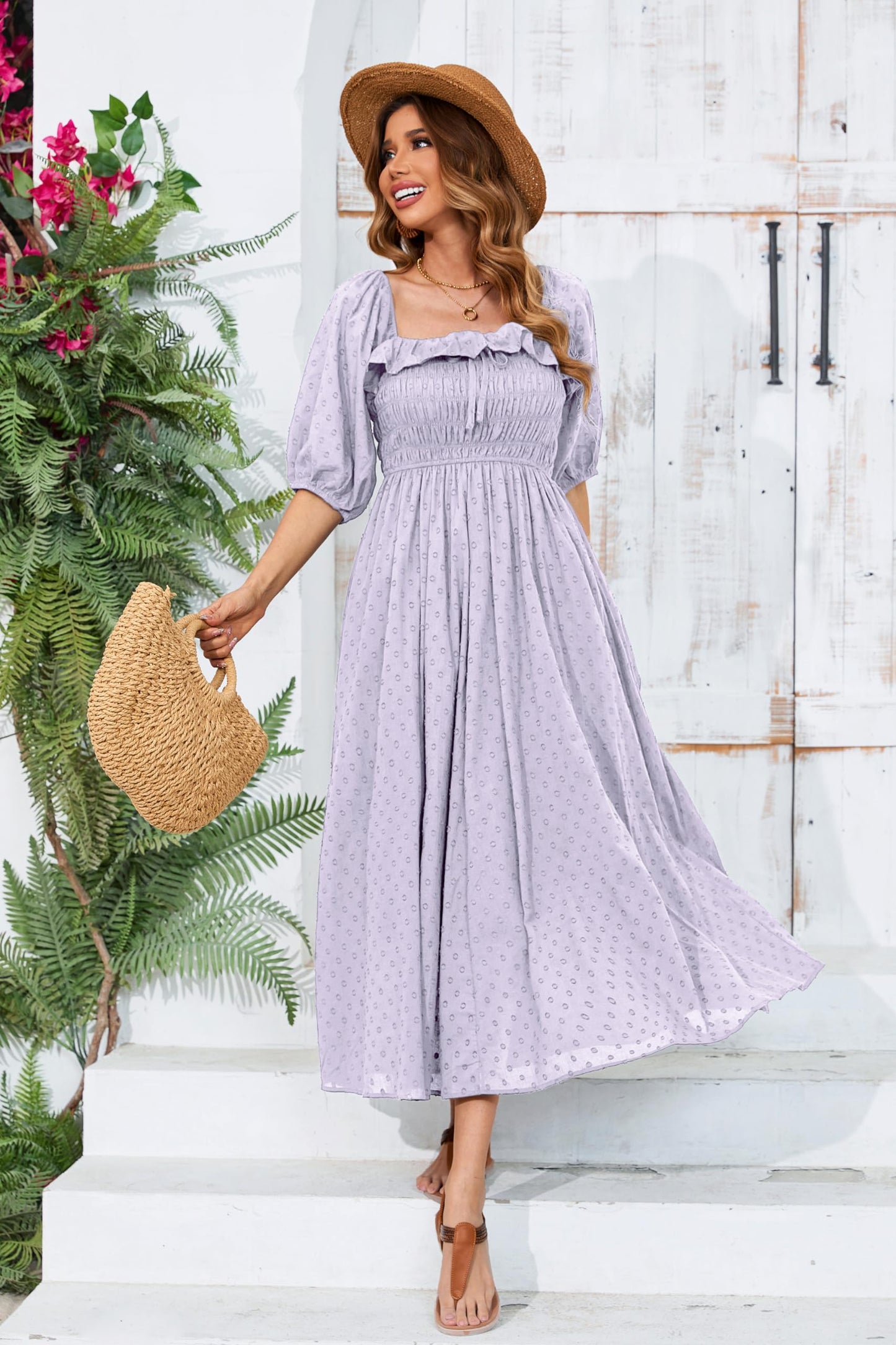 Half Sleeve Cotton Ruffled Vintage Elegant Backless A Line Flowy Long Dress