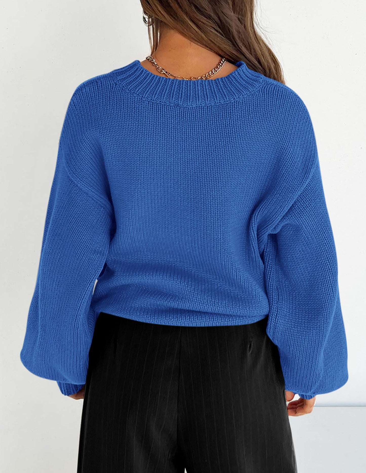 Chunky Knit Sweater Long Lantern Sleeve Crewneck Pullover