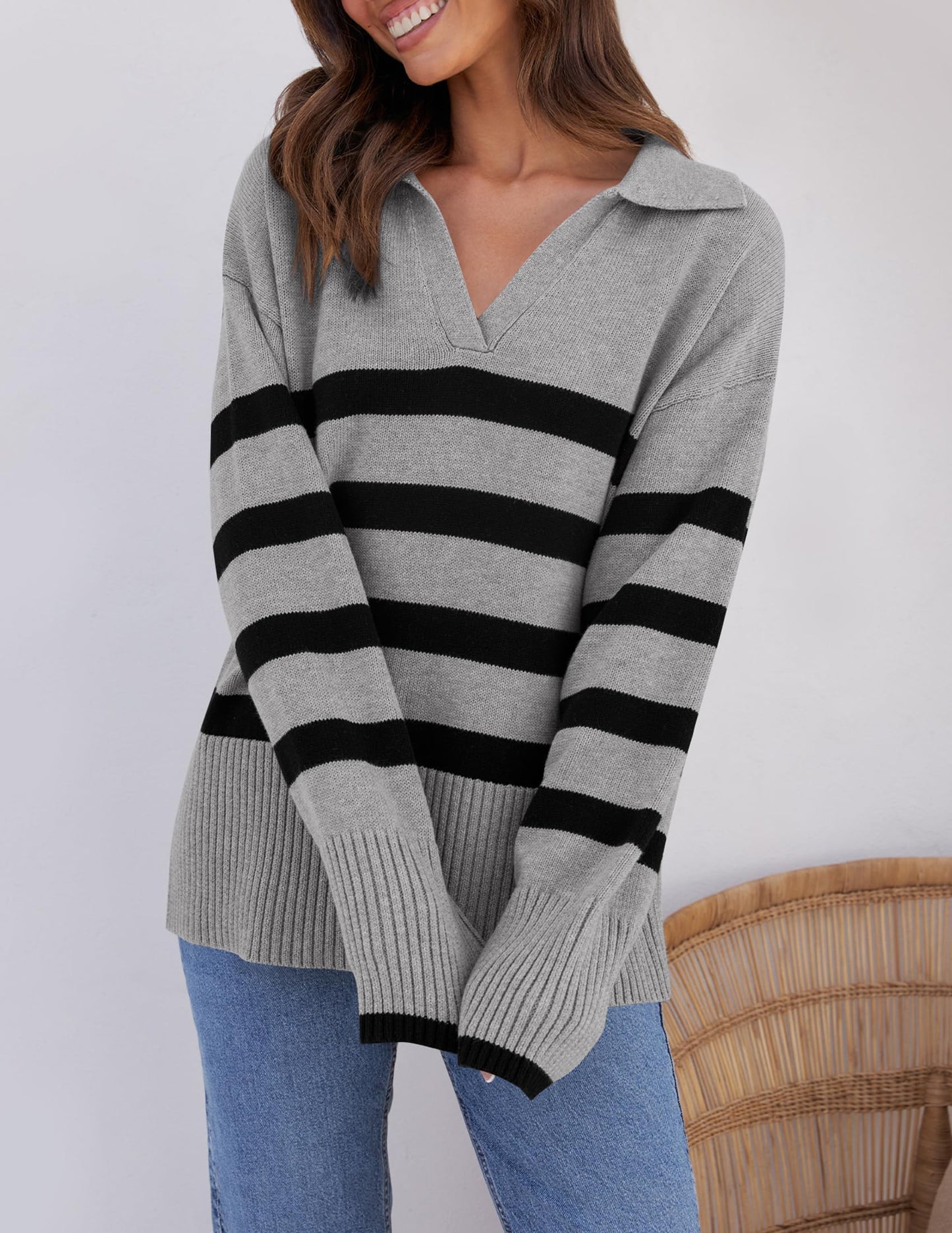 Lapel V Neck Long Sleeve Striped Chunky Knit Oversized Pullover Sweater