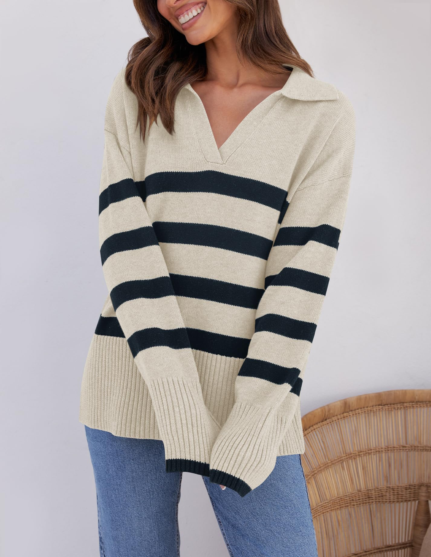 Lapel V Neck Long Sleeve Striped Chunky Knit Oversized Pullover Sweater