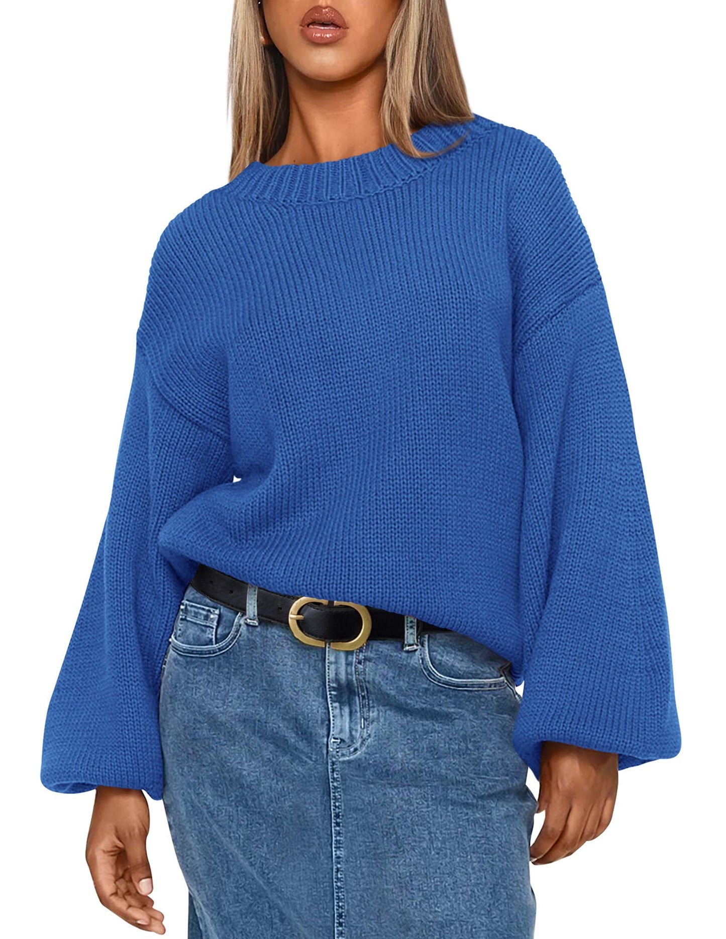 Chunky Knit Sweater Long Lantern Sleeve Crewneck Pullover