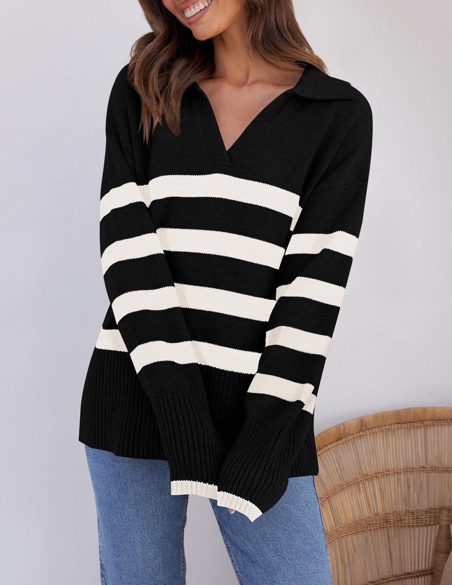 Lapel V Neck Long Sleeve Striped Chunky Knit Oversized Pullover Sweater