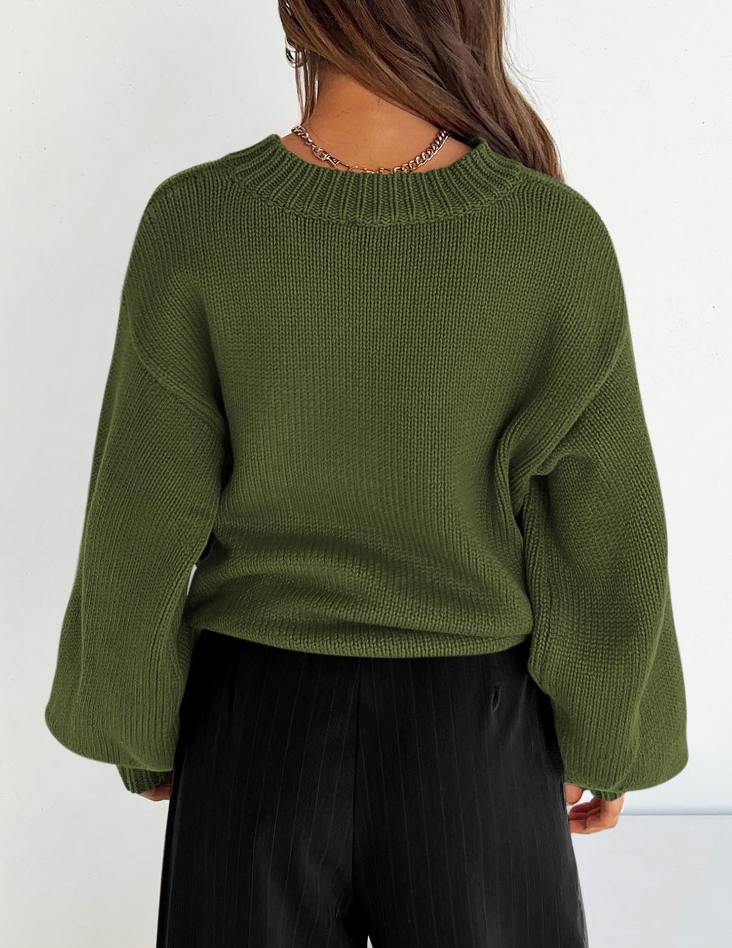 Chunky Knit Sweater Long Lantern Sleeve Crewneck Pullover