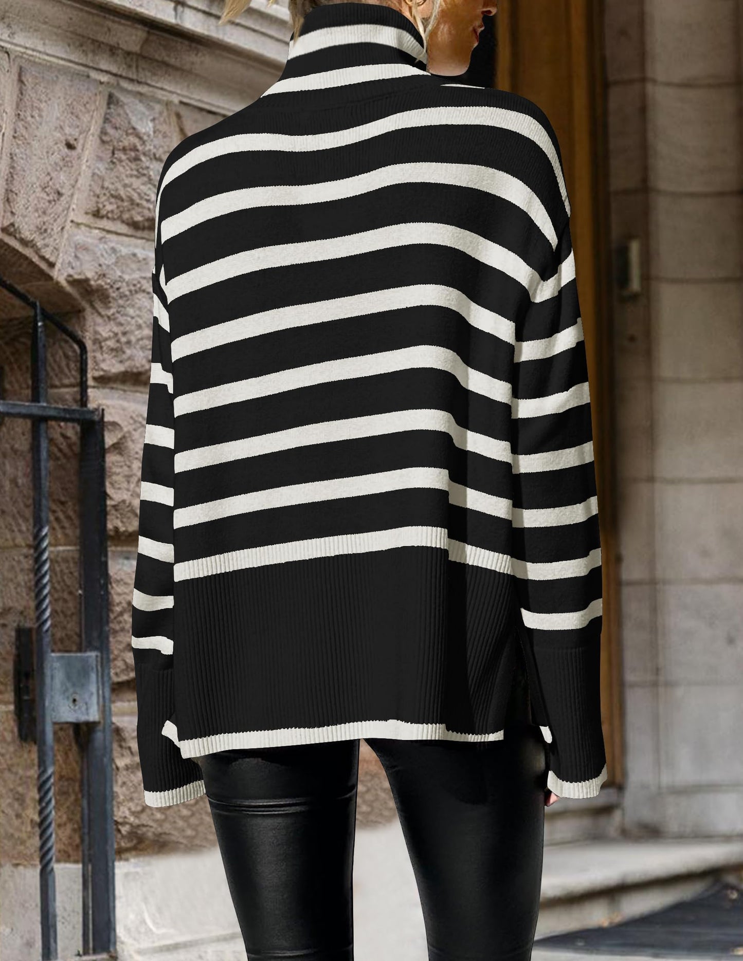 Turtleneck Long Sleeve Striped Side Slit Loose Pullover Sweater