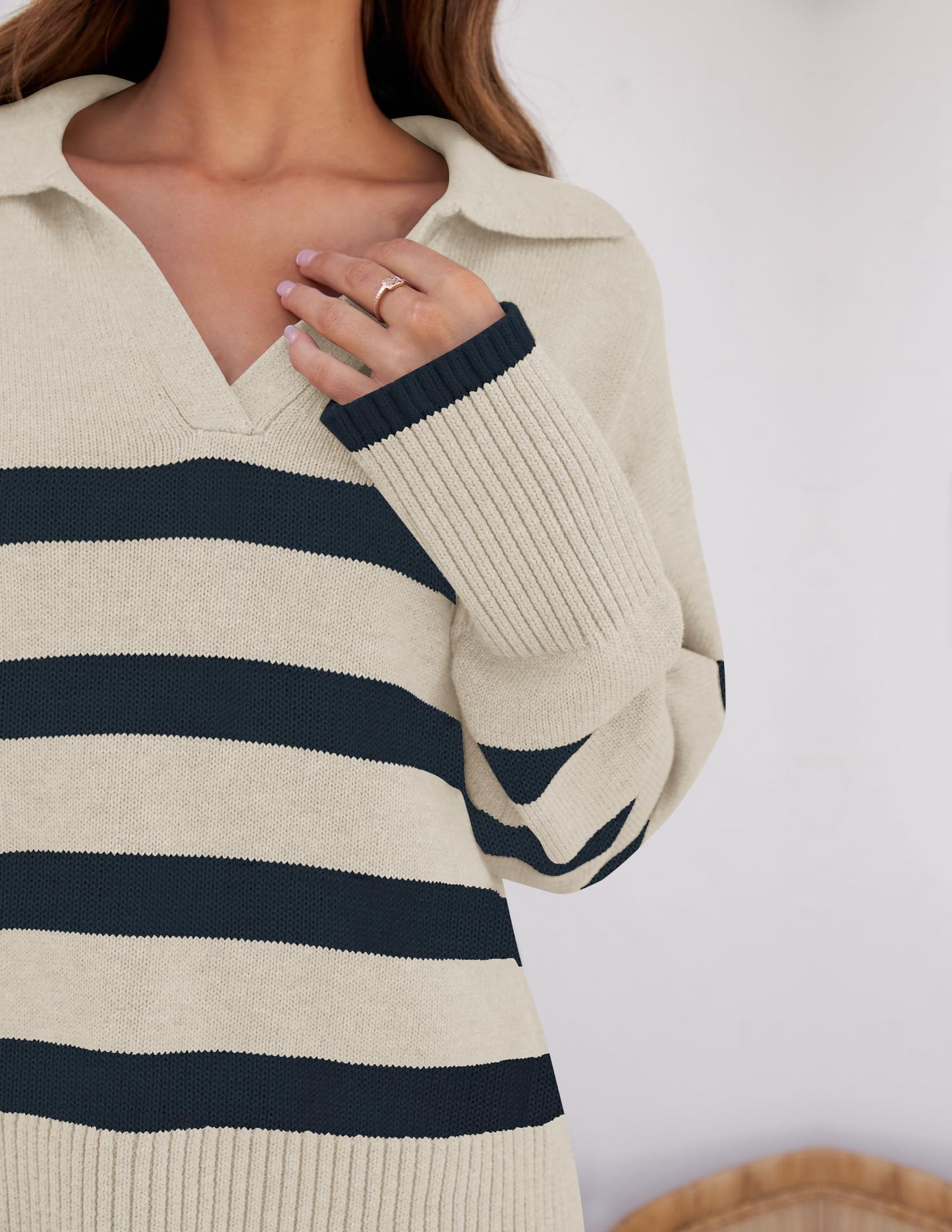 Lapel V Neck Long Sleeve Striped Chunky Knit Oversized Pullover Sweater