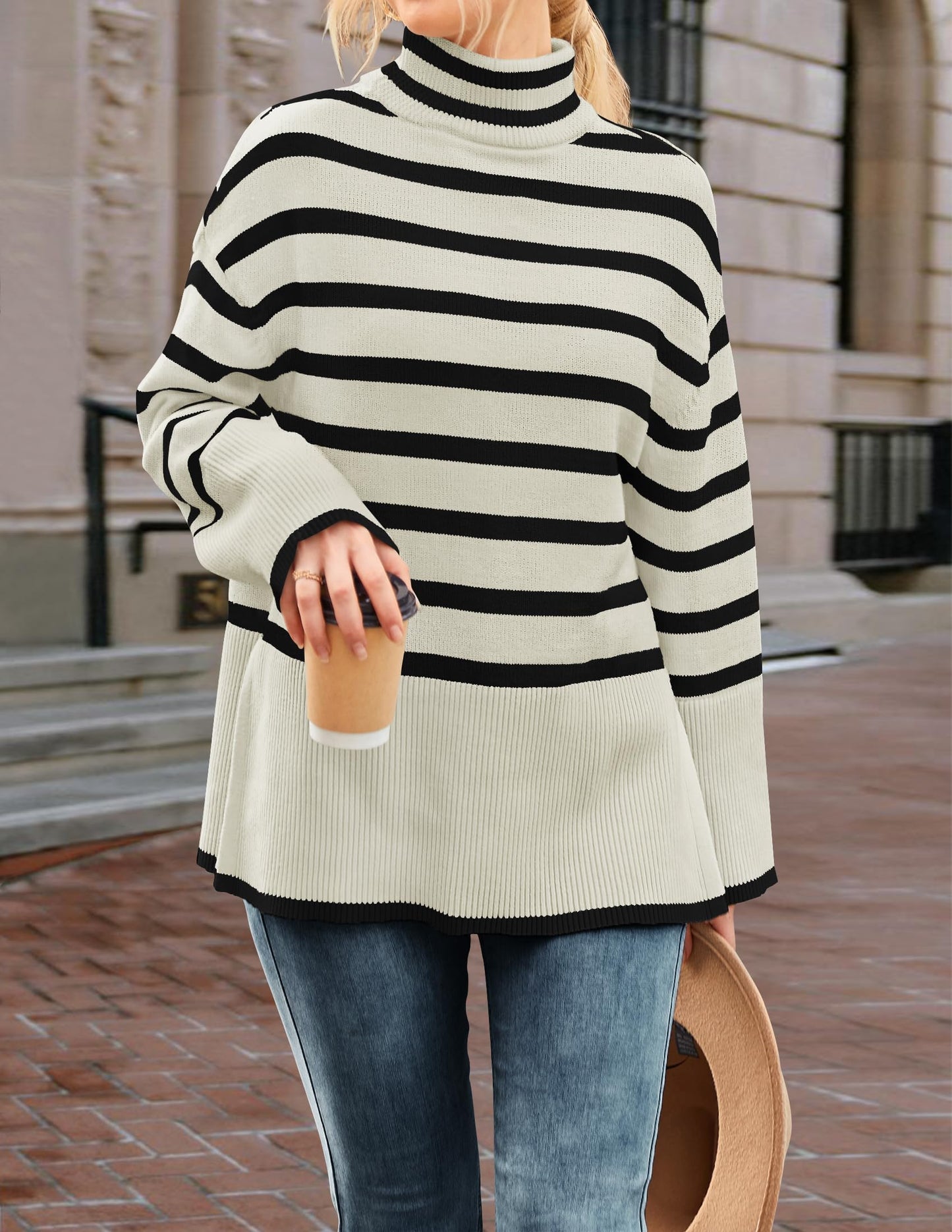 Turtleneck Long Sleeve Striped Side Slit Loose Pullover Sweater