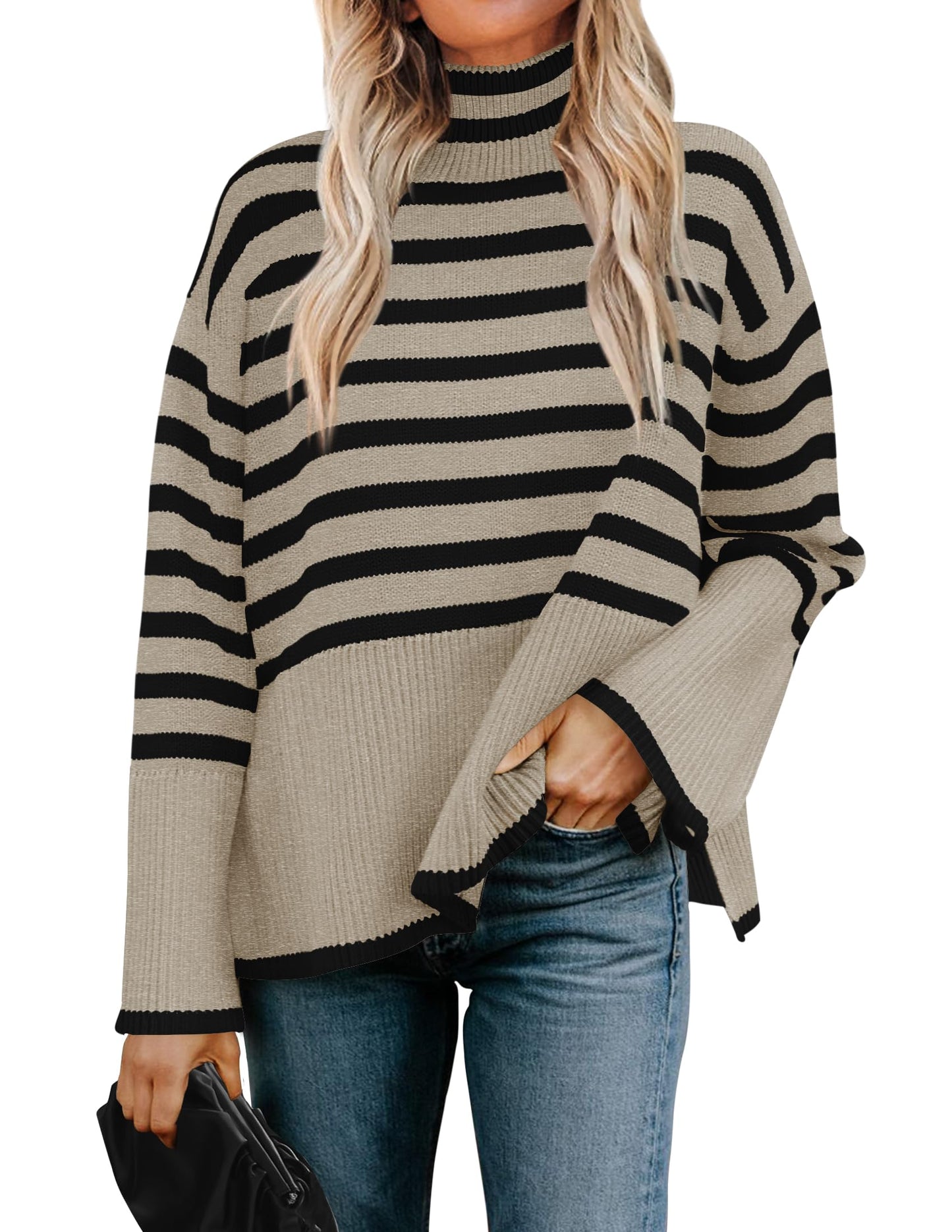 Turtleneck Long Sleeve Striped Side Slit Loose Pullover Sweater