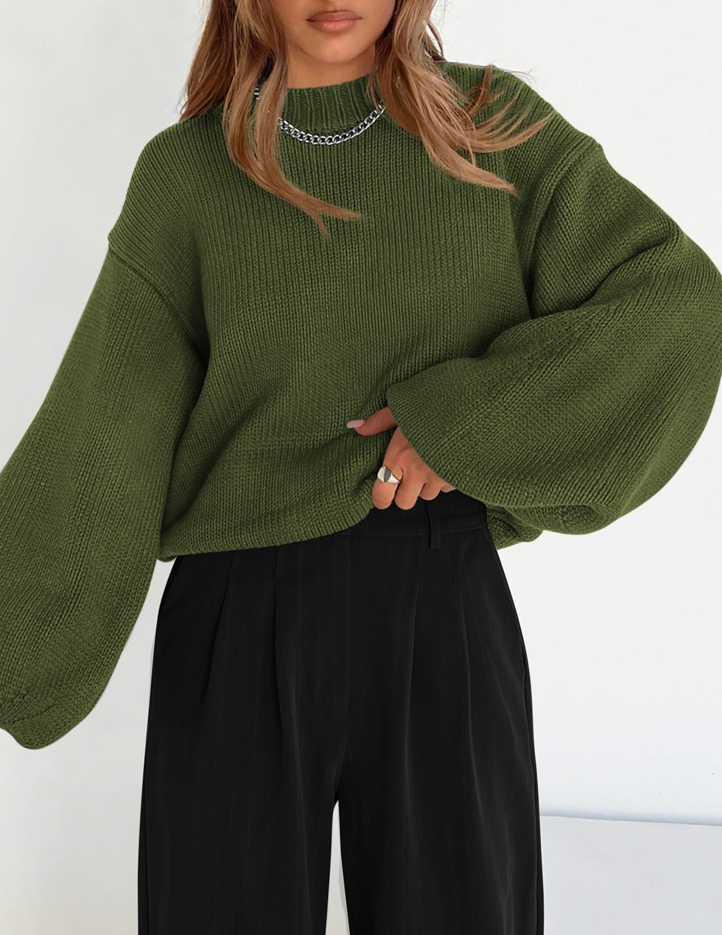 Chunky Knit Sweater Long Lantern Sleeve Crewneck Pullover