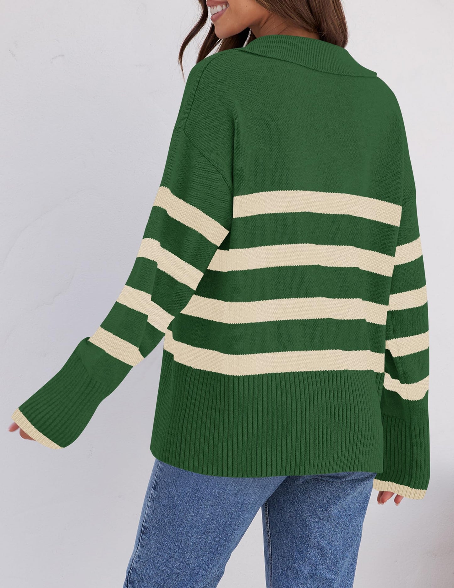 Lapel V Neck Long Sleeve Striped Chunky Knit Oversized Pullover Sweater