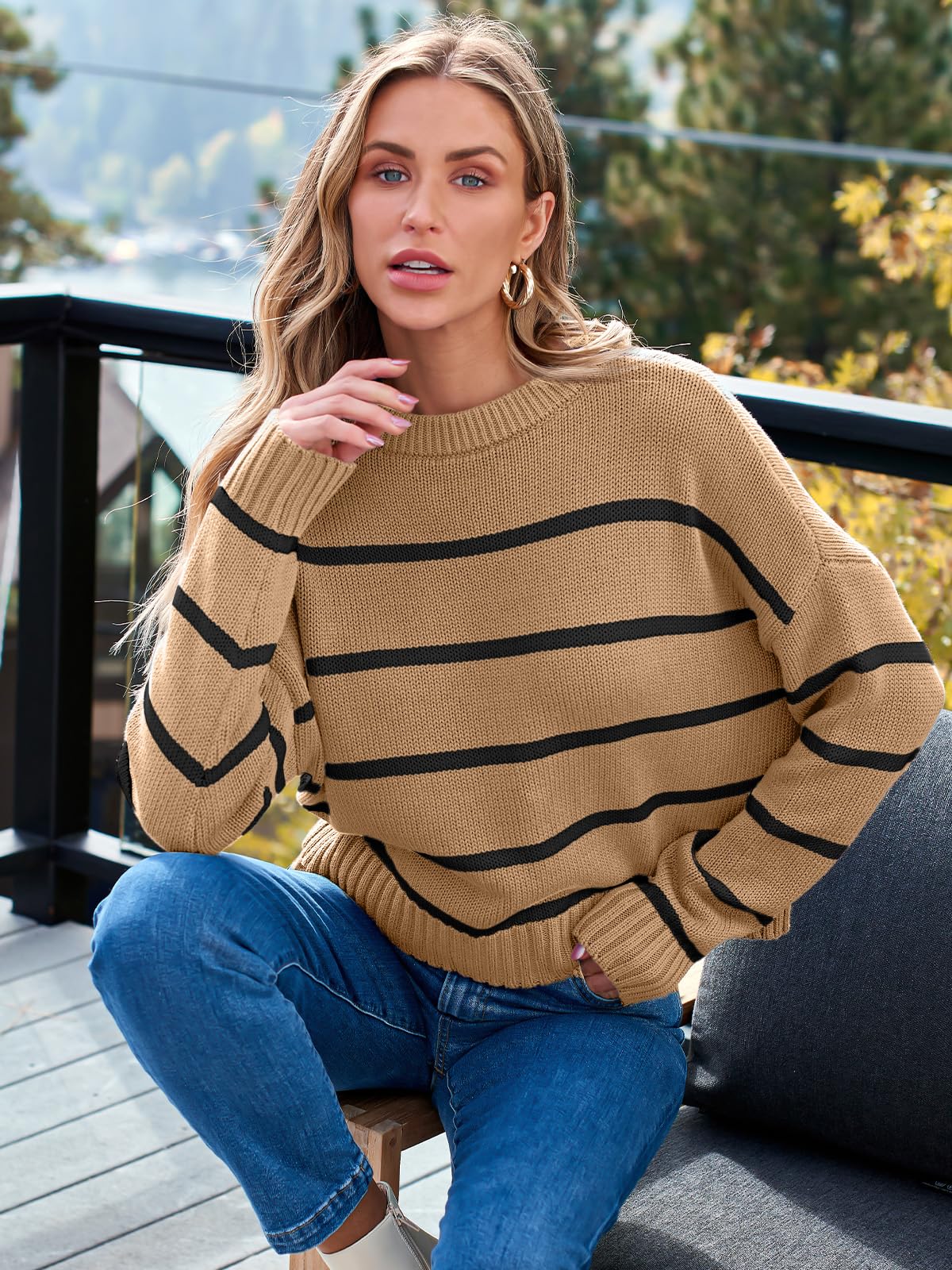 Striped Sweater Pullover Crewneck Long Sleeve Cable Knitted